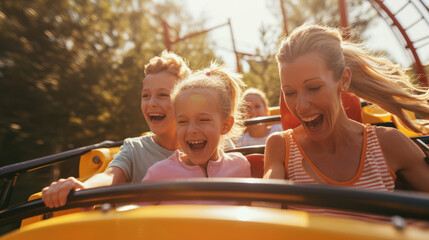 Fototapeta na wymiar Young children and mother riding a rollercoaster at an amusement park experiencing excitement, joy, laughter, and fun