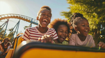 Young black african children riding a rollercoaster at an amusement park experiencing excitement, joy, laughter, and fun