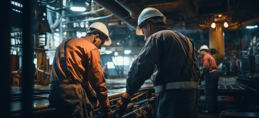 Industrial workers operating machinery at manufacturing plant. Industrial workplace.