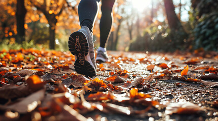 Legs of a female runner jogging in a park on a winter or autumn sunny afternoon - obrazy, fototapety, plakaty
