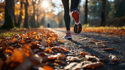 Legs of a female runner jogging in a park on a winter or autumn sunny afternoon - obrazy, fototapety, plakaty