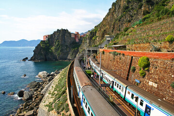 Italy. Cinque Terre. Train at station Manarola