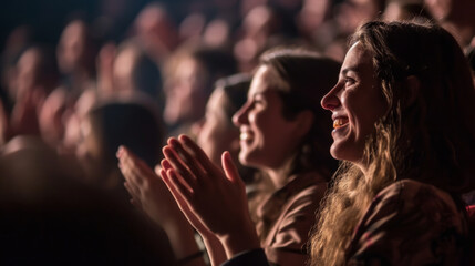 Woman in a audience in a theater applauding clapping hands. cheering and sitting together and having fun - obrazy, fototapety, plakaty