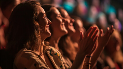 Woman in a audience in a theater applauding clapping hands. cheering and sitting together and having fun - Powered by Adobe