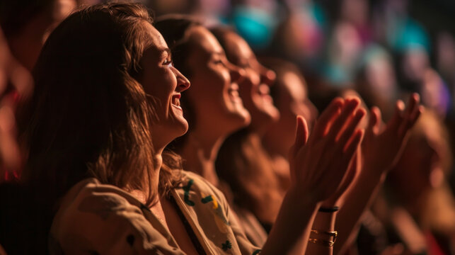 Woman in a audience in a theater applauding clapping hands. cheering and sitting together and having fun