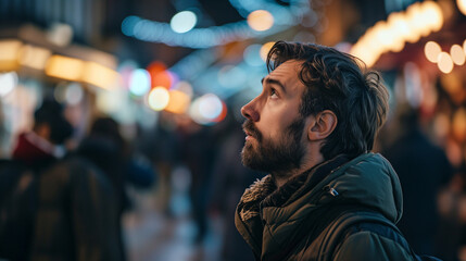 Fototapeta premium Man Gazing Upward with Awe in Bustling City Night