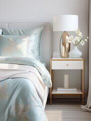 Silk bedding on a bed with a nightstand and lamp, delicate interior in the style of light gold and light azure - 696812347