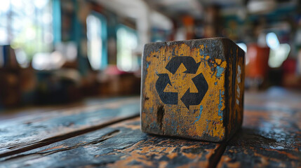 a worn wooden block with the recycle logo printed on it