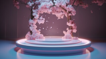 Cherry blossoms and podium for product presentation. 3D rendering