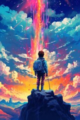 Hiker standing on the edge of a cliff and looking at the sunset