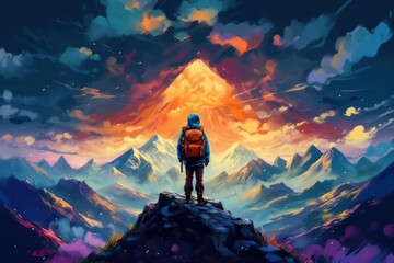 Hiker with backpack on the top of the mountain. Digital painting - obrazy, fototapety, plakaty