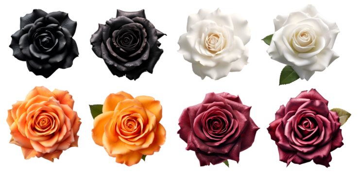 Collection set of black white orange burgundy stalk of rose roses flower floral top view on transparent background cutout, PNG file. Mockup template artwork graphic design