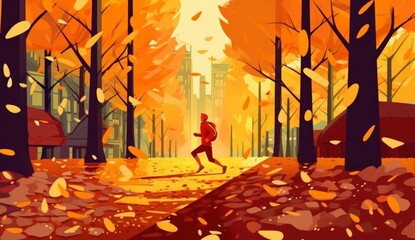 Man jogging in autumn park. Vector illustration in flat cartoon style