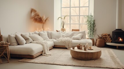 Minimal, modern, elegant, neutral, cozy and white bohemian, boho living room with a sofa and plants. soft earthy colors. Great as interior furniture decoration design inspiration.