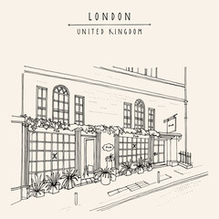 London vector sketch postcard. London city, England, United Kingdom, Europe. Traditional English beer pub and old town house. British travel sketch. Vintage hand drawn postcard, poster, book artwork