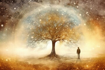 Man standing in winter forest and looking at big tree. Mixed media