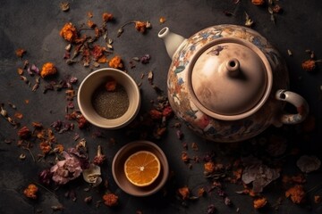 Tea composition on a dark background. Ceramic teapot, cup of black tea, dried flowers and orange.