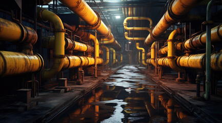 The basement of the factory. The tunnel in perspective. Pipes and communications on the walls. Puddles on the floor - obrazy, fototapety, plakaty