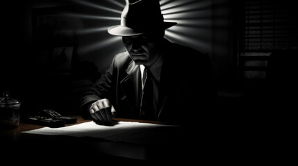 Man detective in the dark with a fedora hat and a trench coat, 1950s noir film style character - obrazy, fototapety, plakaty