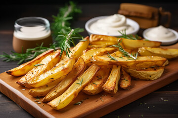 Delicious homemade fried potatoes with sauces and a sprig of basil on the table