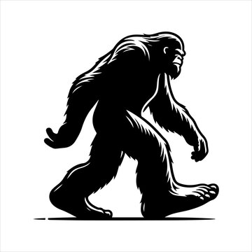 Black and white silhouette of a walking sasquatch (bigfoot)