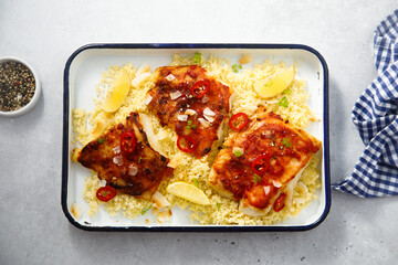 Roasted white fish with chili sauce and couscous	

