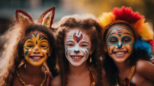 Close-up portrait of three smiling, happy girls in carnival mask, different races, colors, origins and coutries, interracial global friendship, cosmopolite festival, colorful make-up and accessories