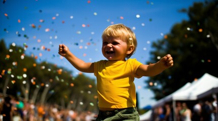 Small child sitting up high and catching confetti during carnival parade on a beautiful warm sunny day in spring or summer, nice blue sky, blond baby in yellow t-shirt, happiness scene