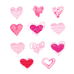 Pink set of hearts hand drawn sketch style.