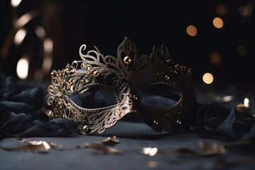 Masquerade carved dark mask with gilding on a dark background, festival carnival party mask.