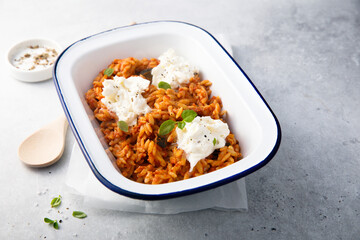 Pasta with tomato sauce, eggplant and cheese