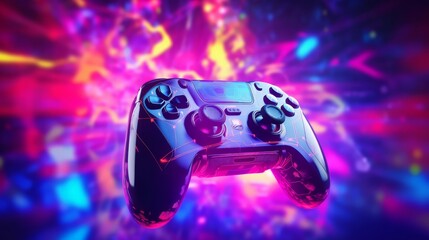 Video game controller in front of a colorful background with lights and flares