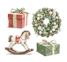 Watercolor vintage set with two boxes of gift presents, Christmas wreath and rocking horse toy isolated on white background. Hand drawn illustration sketch