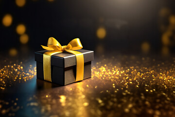 Black gift box on a black dark background, decorated with a yellow textured bow, creating a romantic luxury atmosphere. For Saint Valentines day presents.Copy space. - obrazy, fototapety, plakaty