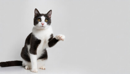 A cat giving high five white background,copy space.Banner,advertisement.