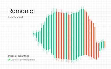 Romania map is shown in a chart with bars and lines. Japanese candlestick chart Series