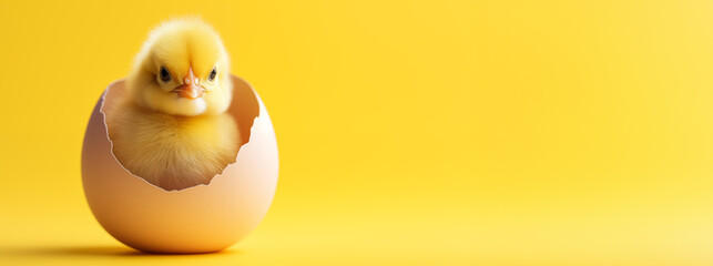 cute yellow chick peeps out of the egg on pastel yellow background with copy space - Powered by Adobe