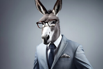 donkey in business suit on gray background, an anthropomorphic, animal character. Businessman