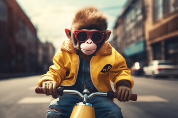 teenage monkey in sunglasses, yellow jacket rides bicycle against backdrop of city. animal character - obrazy, fototapety, plakaty