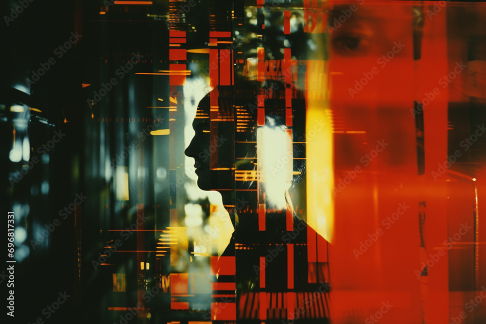 Poster Abstract cinematic design elements enveloping a person, conveying the narrative and sequential aspects often incorporated into cinematic design. 3