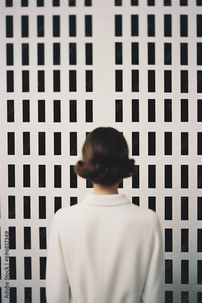 Poster abstract minimalist typography patterns surrounding a person, illustrating the refined and elegant q