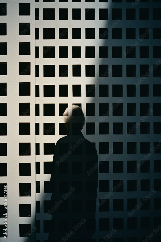 Fototapete abstract minimalist typography patterns surrounding a person, illustrating the refined and elegant q