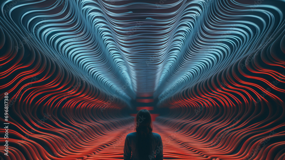 Poster abstract patterns inspired by brain waves surrounding a person in a meditative pose, symbolizing the