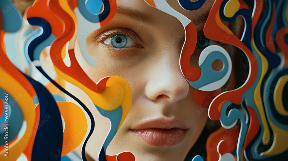 Leinwandbilder Close-up of a person surrounded by abstract design evolution elements, illustrating the dynamic and evolving nature of design principles over time.