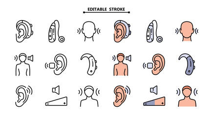 Hearing aid icons set. Volume booster for ears, for the deaf old and young. For better hearing, simple icon collection - obrazy, fototapety, plakaty