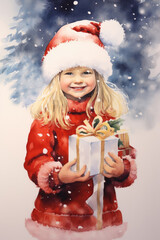 Watercolor Christmas illustration. Santa Clause, Christmas tree, deer, fireplace, Santa sleigh, ornaments clipart. Decoration for holiday cards. Isolated on white background 