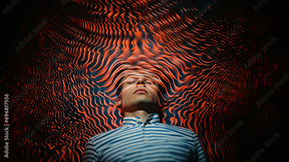 Fototapete Abstract patterns inspired by neuroaesthetics forming a symphony around a person in a meditative pose, capturing the dynamic and rhythmic aspects of brain-centric design.