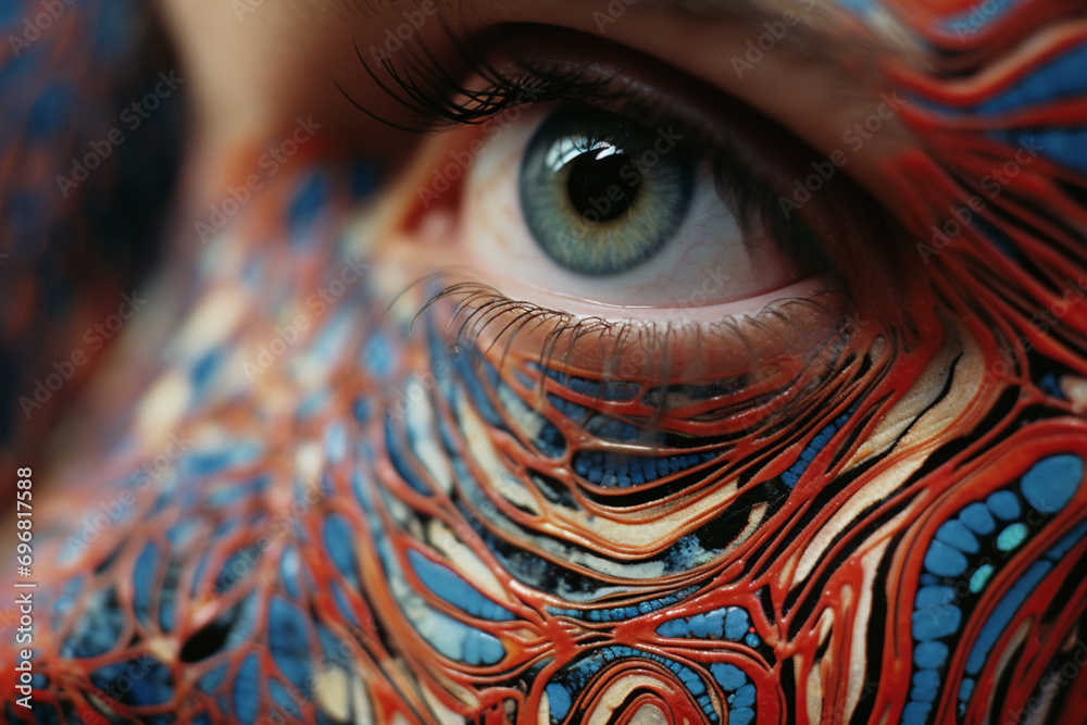 Fototapete Close-up of a person amidst abstract neurological insight patterns, illustrating the interconnected and collaborative nature of cognitive processes.