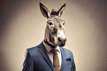 donkey in business suit on gray background, an anthropomorphic, animal character. Businessman - obrazy, fototapety, plakaty