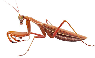 Macro of a brown preying mantis insect isolated on a transparent background